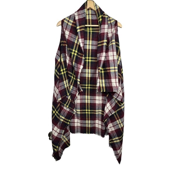 NEW LONG BLANKET Plaid Flannel Sleeveless Open Waterfall Duster Vest Fringe OS - Picture 1 of 7